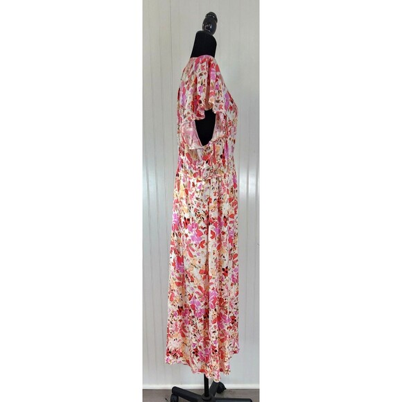 Frye & Co Pink & Red Floral Summer Dress Capped Sleeves Women's Size 2X Midi - Picture 5 of 14